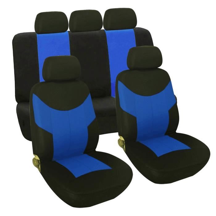 9Pcs Housse de siège auto Voiture Universelle Pour Conducteur et Passager Bleu Noir