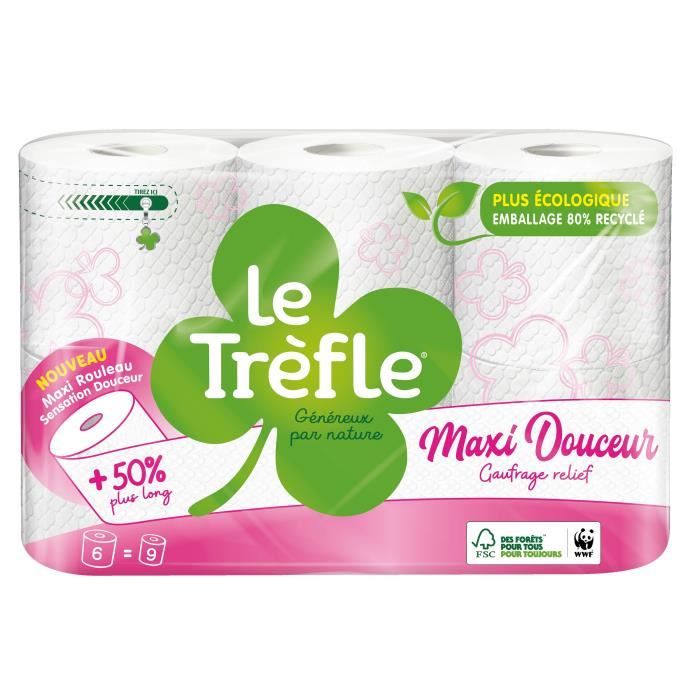 Le Trèfle® Maxi Douceur Blanc x6 maxi rouleaux = 9 rouleaux classiques
