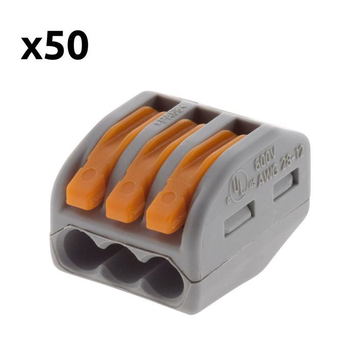 Lot de 50 mini bornes de connexion rapide à levier S222 pour fils rigides et souples - 3 entrées