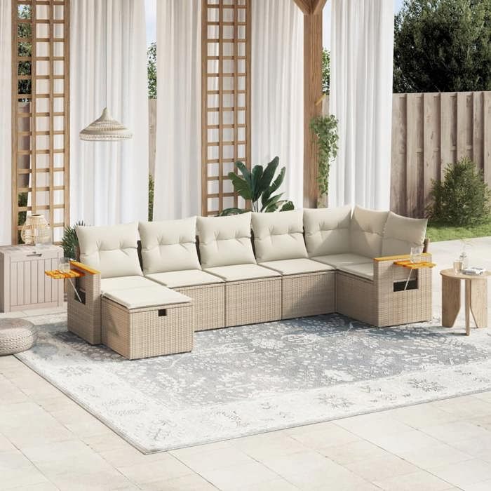 Salon de jardin - vidaXL - 7 pcs - Résine tressée beige - Coussins amovibles - Confortable et durable