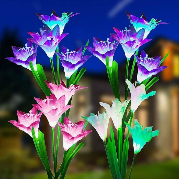 lampes solaires de dextérieur jardin couleurs changeantes avec 16 fleurs de lys solaires plus grandesIP65 étanche Lampe