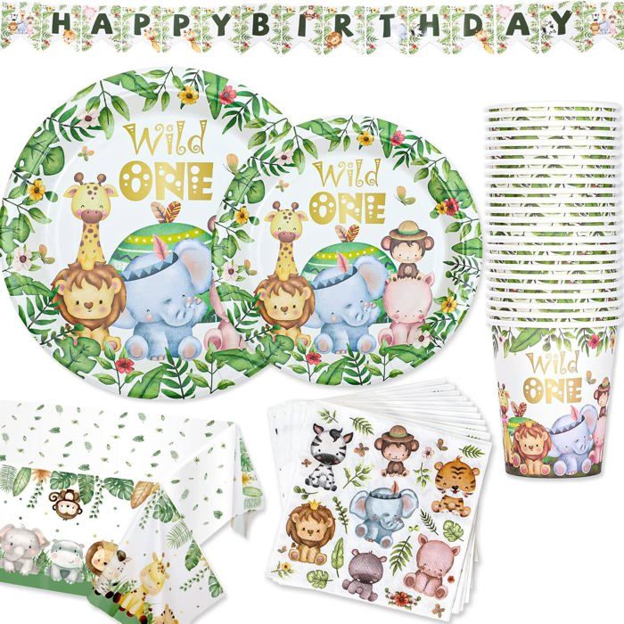 Elegant Events Ensemble de vaisselle jetable de 195 pièces avec assiettes en carton, gobelets, serviettes, pailles, nappes, bannière « Happy Birthday » - Couverts de table en plastique pour 24 invités