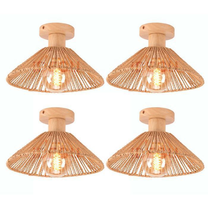 iDEGU 4pcs Plafonnier Vintage 26cm Lampe de Plafond Industriel en Rotin et Bois Design Edison E27 Luminaire Rétro pour Couloir