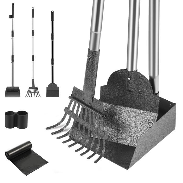 Comparer les prix de Lot de 3 pelles à déjections canines et râteau en métal pour grands chiens de taille moyenne avec poignée longue réglable