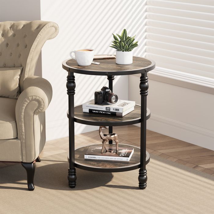BOUT DE CANAPE EN RONDETable dappoint avec 3 étagèresMDF46X46X60CMGRIS