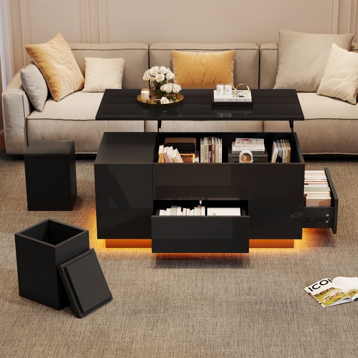 Table basse relevable 100 x 50 x 45 cm - Avec éclairage LED - Finition brillante - Avec 2 tiroirs et 2 tabourets - Noir Table basse relevable 100 x 50 x 45 cm - Avec éclairage LED - Finition brillante - Avec 2 tiroirs et 2 tabourets - Noir