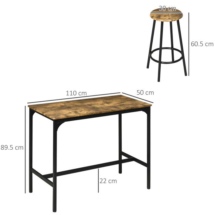 Ensemble table de bar 5 pièces avec 4 tabourets de bar Table de cuisine design industriel rustique-brun Métal Ensemble repas pour cu