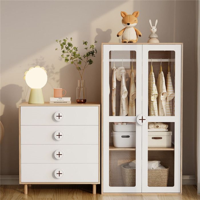 Armoire enfant bébé 2 portes verre avec commode armoire de rangement chambre avec 4 tiroirs étagère réglable bois naturel blanc