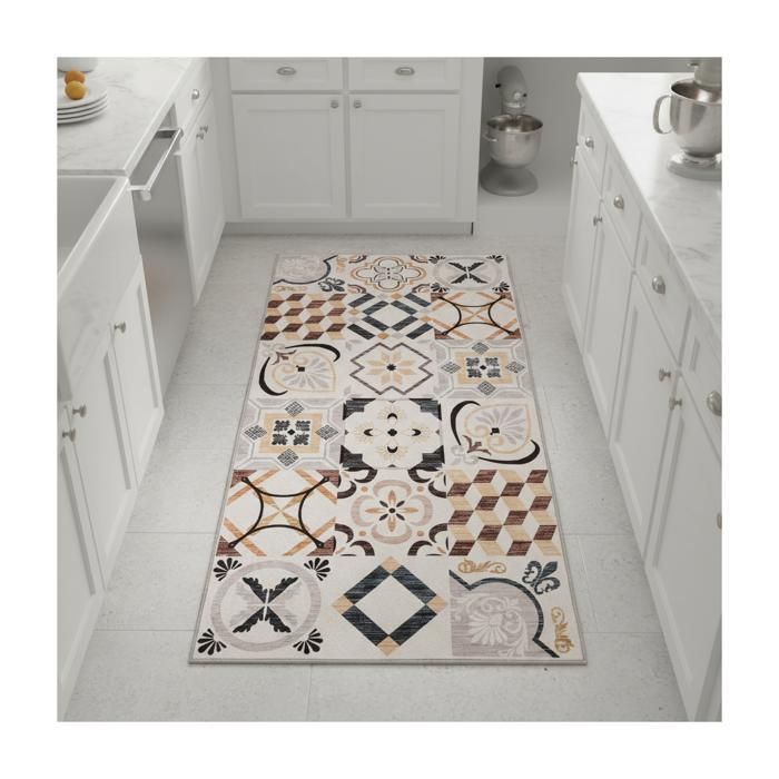 Tapis descente de lit 80 x 150 cm beige gris marron motif géométrique LYN11 C idéal chambre