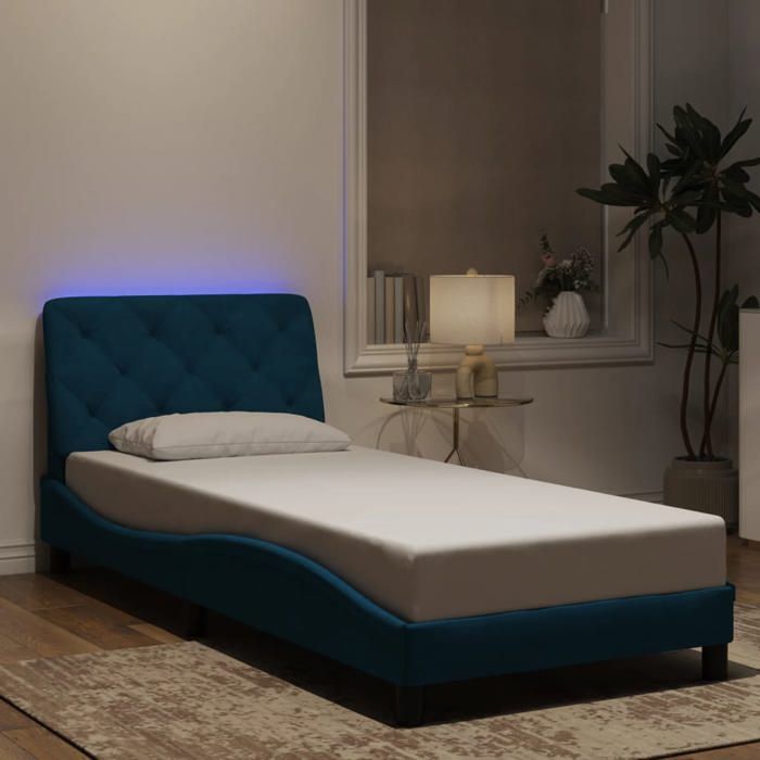 Structure de lit avec LED - UU - Bleu - Velours - 90x190 cm - 208x95x74 5 cm - Bande LED 55 cm - Coussin de tête de lit