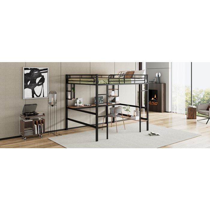 Lit mezzanine 140x200 cm en métal noir avec bureau intégré et étagères – Style minimaliste