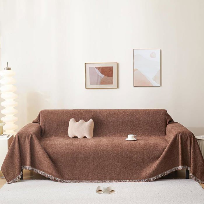 Couverture de canapé en chenille avec franges antidérapante anti-poils animaux/enfants marron 230x380 cm