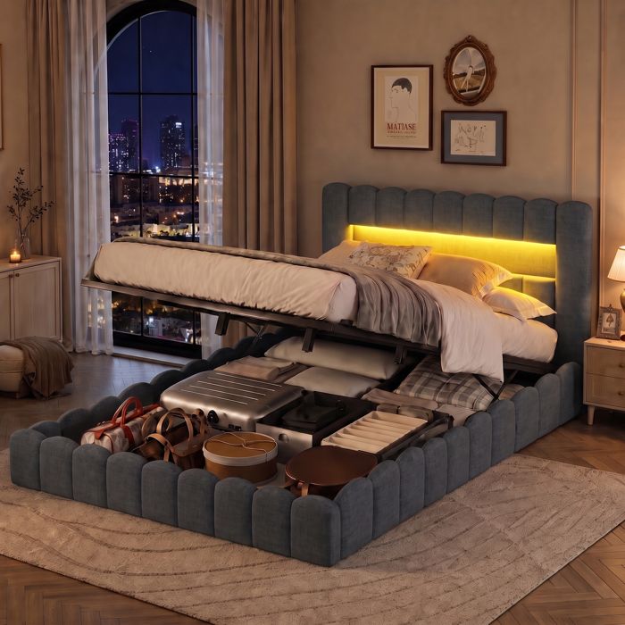 Lit coffre rembourré 90x200cm en velours - avec éclairage LED - avec