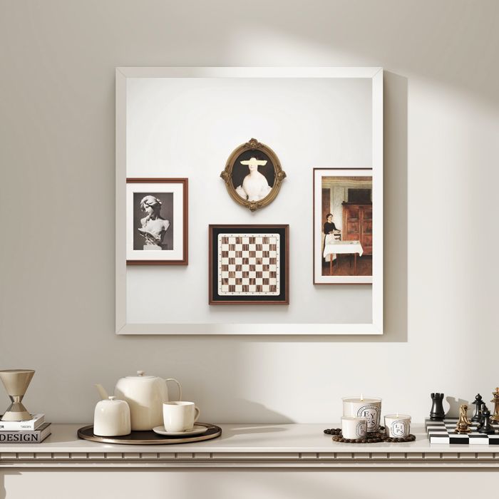 Miroir mural HOMCOM carré 50 x 50 cm cadre en bois blanc idéal pour la salle de bain salon ou chambre
