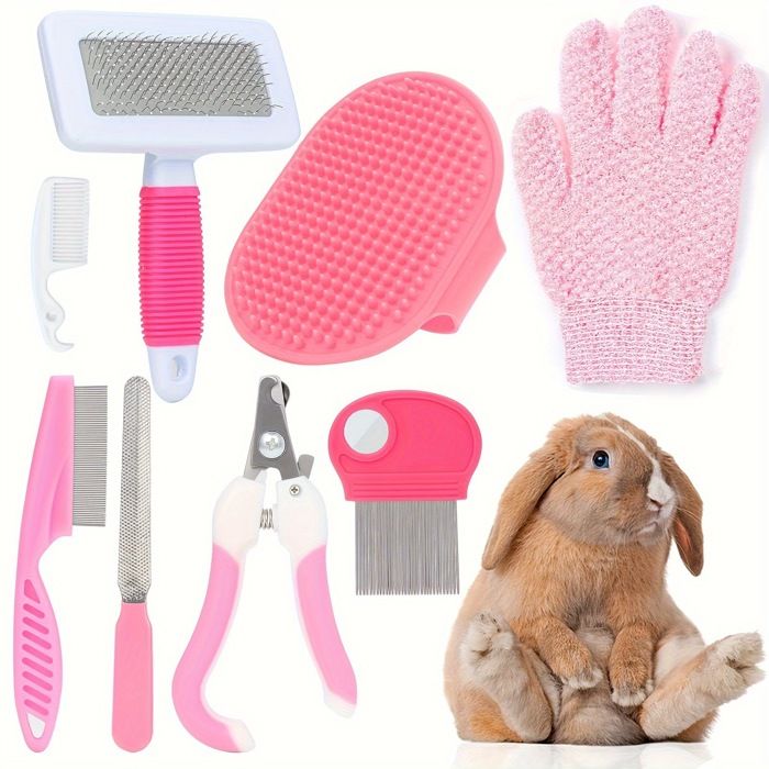 Ensemble de toilettage pour lapin - Phoesky - 8 pièces - Coupe-ongles - Peigne à puces - Brosse de bain - Gants