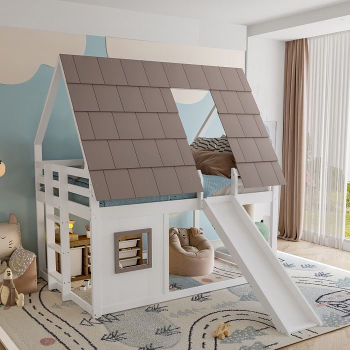Lit superposé cabane 140 x 200 cm avec toit échelle et toboggan — blanc et marron sans matelas