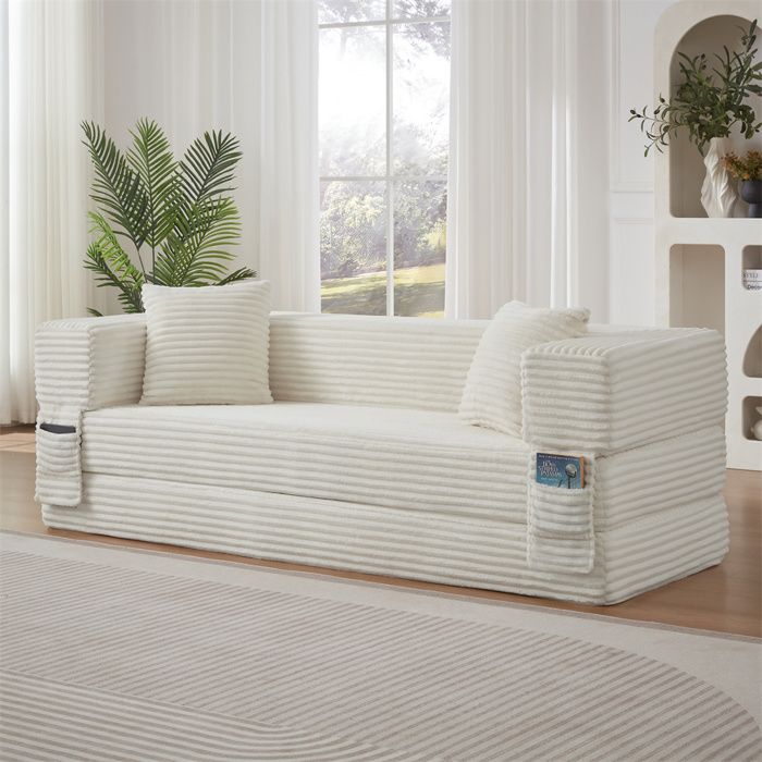 DRIPEX Canapé-lit Pliant en 2 placescanapé compressé en velours côteléDIY Libre et Poches LatéralesL200cm pour salonBlanc