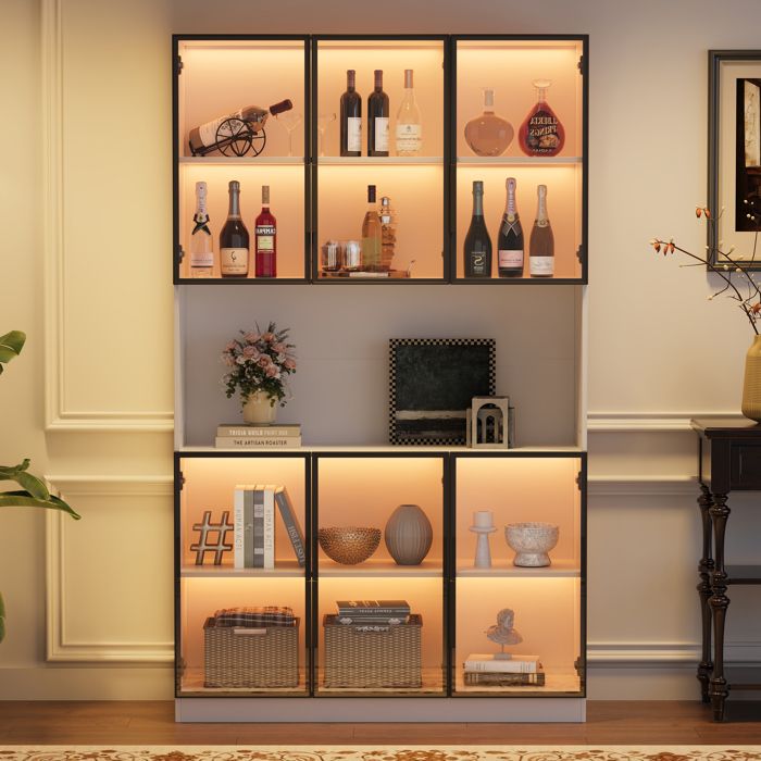 Vitrine en verre avec LED - 120x34x200 cm - 6 portes - Blanc - MDF + Verre - Éclairage LED contrôlable par application