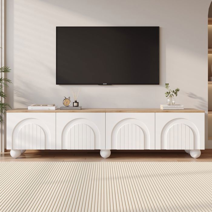 Meuble TV 180 cm Blanc et Chêne 4 portes encastrées 6 Articulations à rotule Grand Rangement TV jusquà 80.