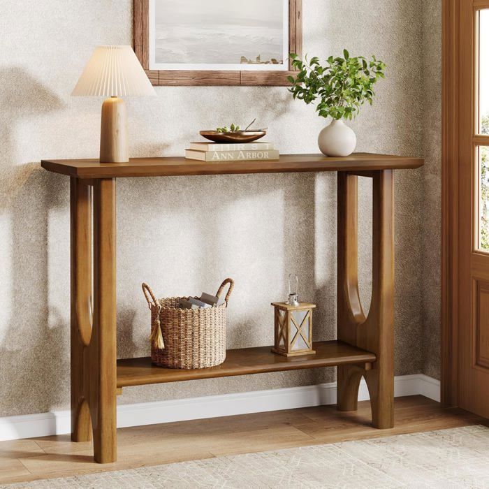 Tribesigns Table Console105×35×80 cmConsole Moderne à 2 étages avec Pieds en Bois Massif Pour SalonCouloirEntréeNoyer Clair