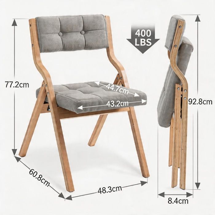 Chaise pliante de salle à manger - Lot de 2 - Rembourrée velours - Structure bois - Dossier incurvé 110° pliable