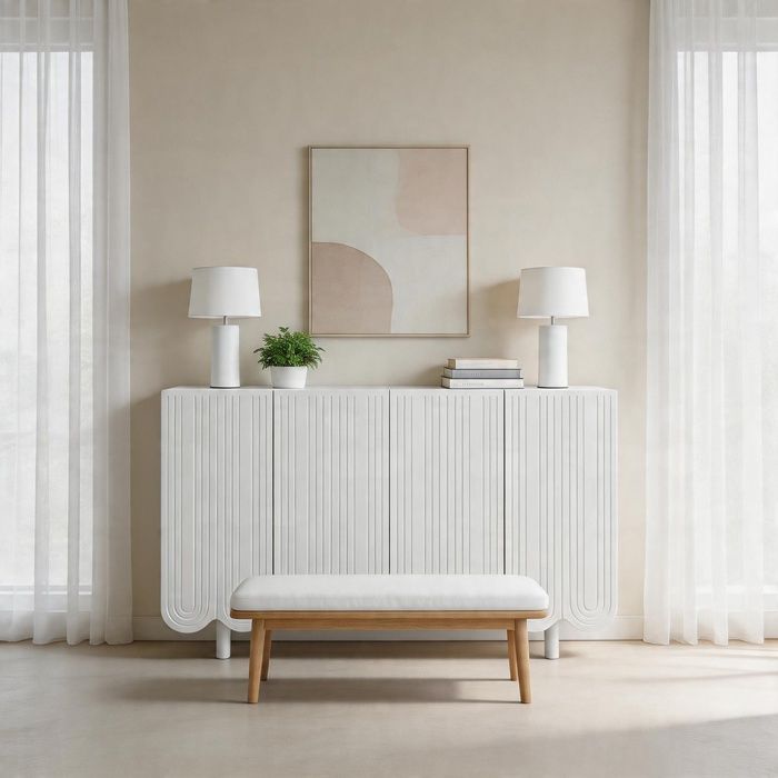 Buffet de rangement - Goutte sculptée - 4 portes - MDF blanc - Charnières amorties