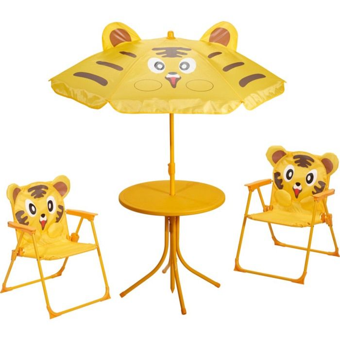 Mobilier de jardin table enfant 2 chaises + parapluie motif tigre - PROGARDEN