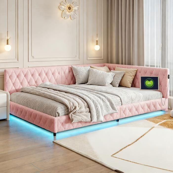 Canapé-lit 140x200 cm Lit rembourré en L avec Lampe LED et USB Sommier à lattes Lit pour chambre damis Lit adulte Velours Rose
