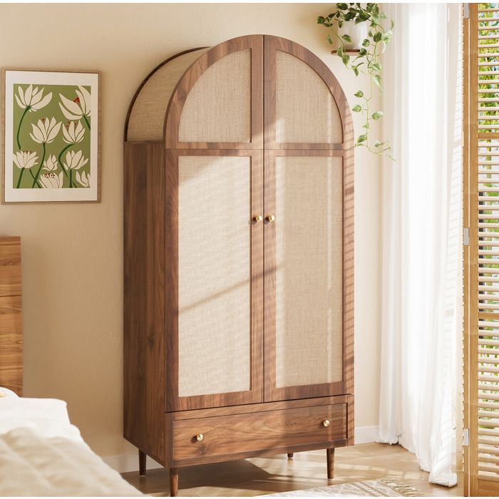 Armoire 2 portes en tissu et 1 tiroir avec tringle et étagères pour chambre MDF décor noyer 79×50×175 cm - UVRION