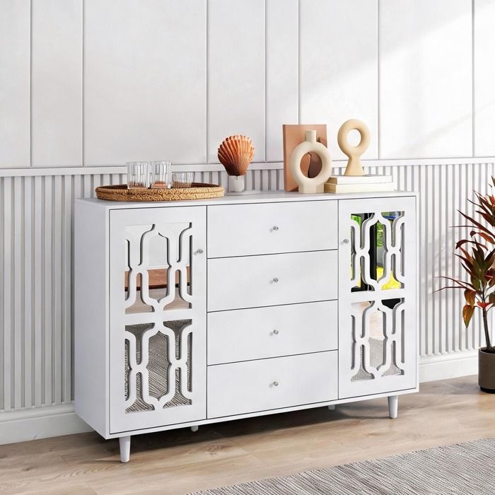 Buffet miroir soft white 1475 cm avec poignées cristal 2 portes et 4 tiroirs style luxe contemporain