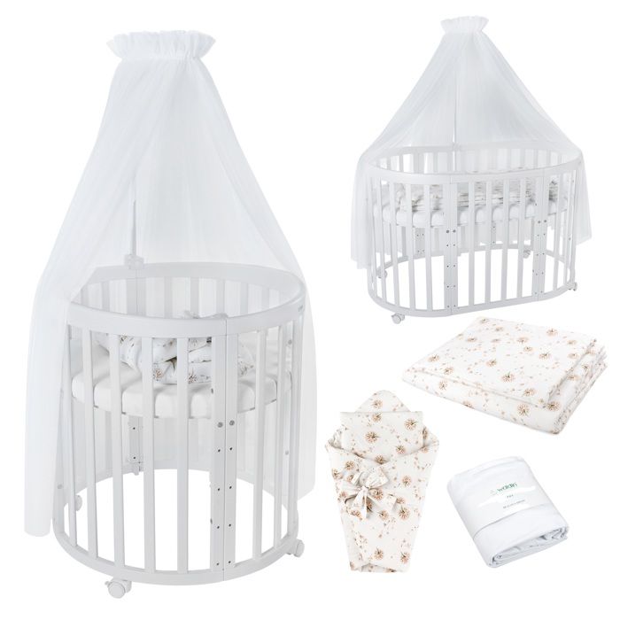 Waldin Lit Bébé Ovale 7en1 Évolutif Matelas - Blanc - Ensemble Pissenlit Blanc inclus