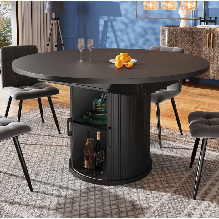 Table à manger extensible ronde 118-158 cm en MDF noir avec rangement intégré jusqu’à 6 personnes