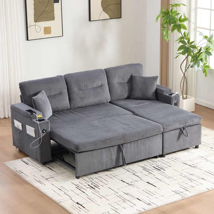 WOVREO Canapé dangle convertible 3 places avec lit tiroir 2 places méridienne de rangement gris carbone