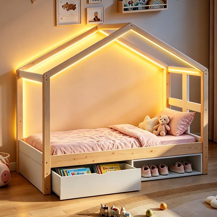 Lit enfant en bois - 90 x 190 cm - Tiroir de rangement intégré - Meuble à chaussures - LED multicolore