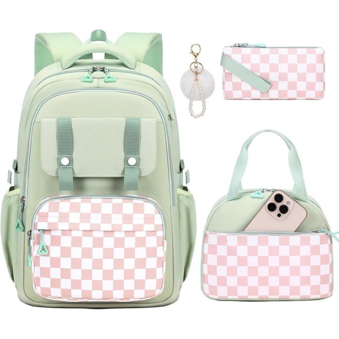 XJYDNCG Cartable Fille PrimaireEnsemble 3 Pièces Sac à dos enfant Imperméable Multi-Poches - 16.9x12.2x47.3cm - Vert