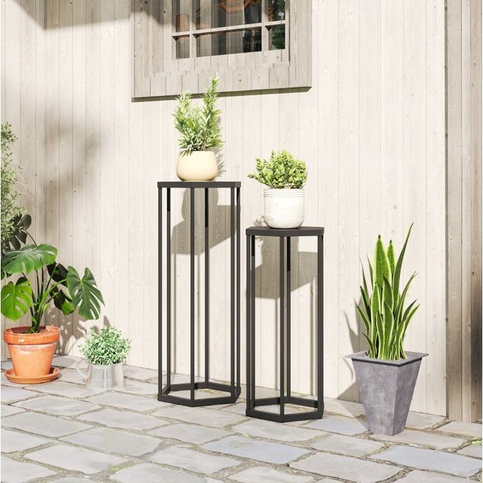 Porte-plantes en métal noir – Lot de 2 hexagonal intérieur et extérieur 60 cm et 75 cm