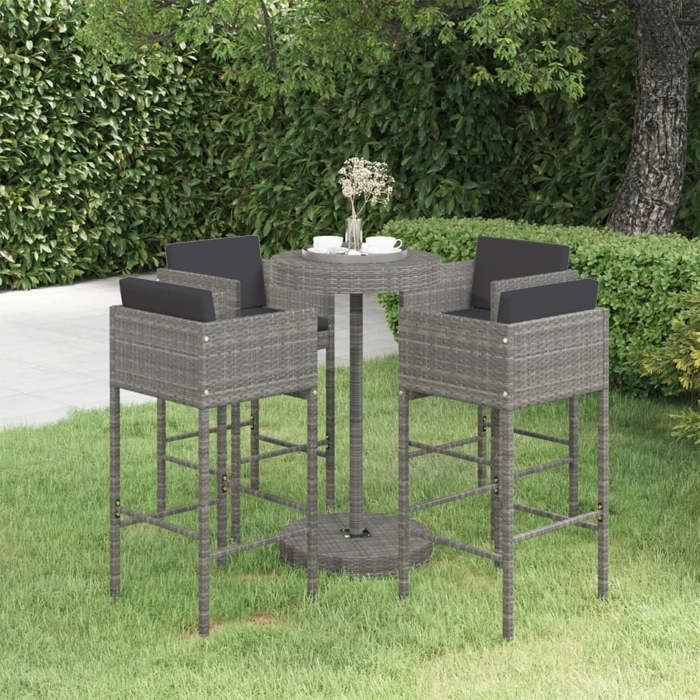 Gris Ensemble de bar de jardin 5 pcs et coussins Résine tressée Gris - Meuble de balcon LV50881