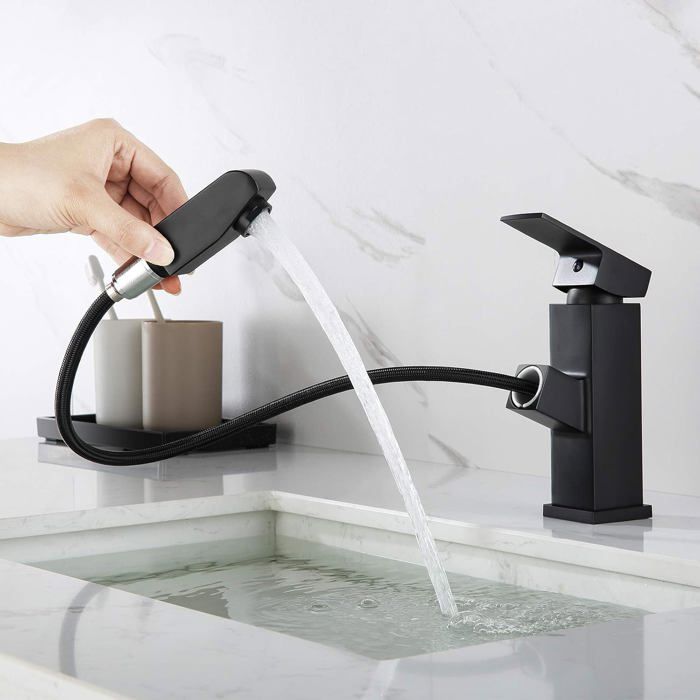 Robinet Mitigeur Lavabo avec Douchette Extractible Robinet Mitigeur Salle de Bain Noir Hauteur du Robinet 18mm