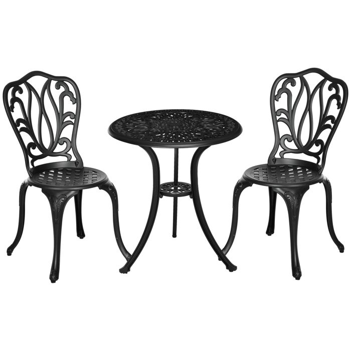 Ensemble Salon de Jardin 2 Places 2 chaises + Table Ronde style charme rétro en fonte daluminium noir