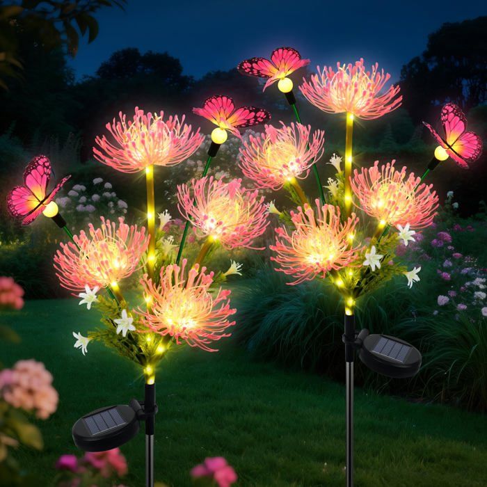 Fohil Lampe Solaire Exterieur 2 Pièces 78 LED Lampes Solaires Fleurs Papillons Étanche Lumiere Solaire Decoration Exterieur Patio