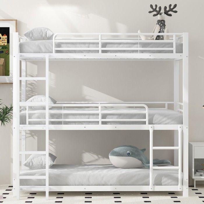 Lit superposé triple métal blanc 90x200cm pour enfant adulte Lit superposé triple métal blanc 90x200cm pour enfant adulte