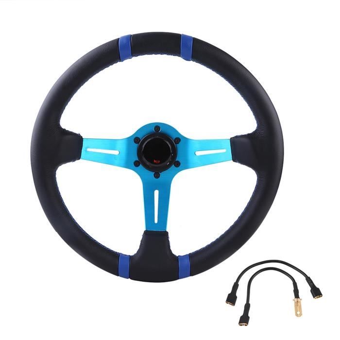 Volant Sport Deep Dish 350 Mm - Cuir PU Et Aluminium, 6 Trous, Noir/bleu/rouge | Universel Pour Voiture Tuning, Course, Livré Avec Harnais