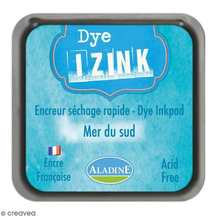 Encreur Izink Dye - 20 coloris - 4,5 x 4,5 cm Encre Izink Dye : Coloris : Bleu mer du sud Dimensions de la boîte : 5 x 5 cm Encre à