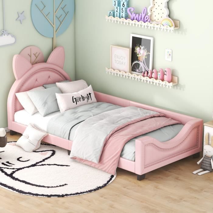 lit bébé 90x200 en forme d'oreilles en carton avec sommier à lattes et dossier en bois rose