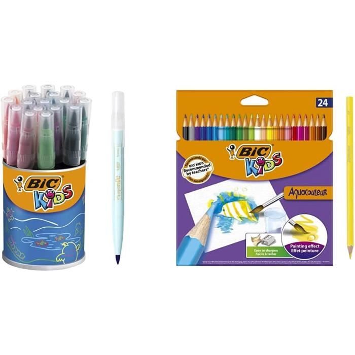 Feutres Coloriage Lavables BIC Kids Visaquarelle - Pointe Pinceau, 18 Couleurs