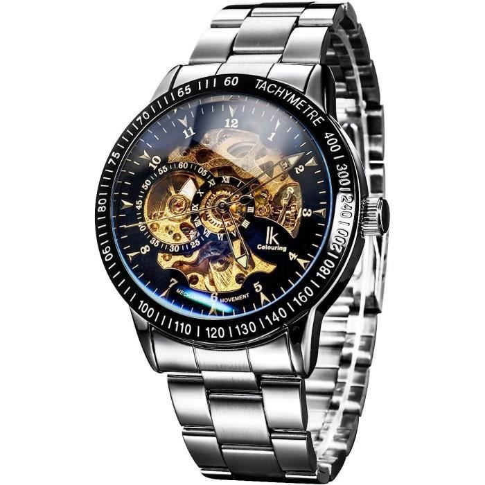 Montre Automatique Squelette IK - Cadran Argent, Bracelet Cuir Noir, Unisexe
