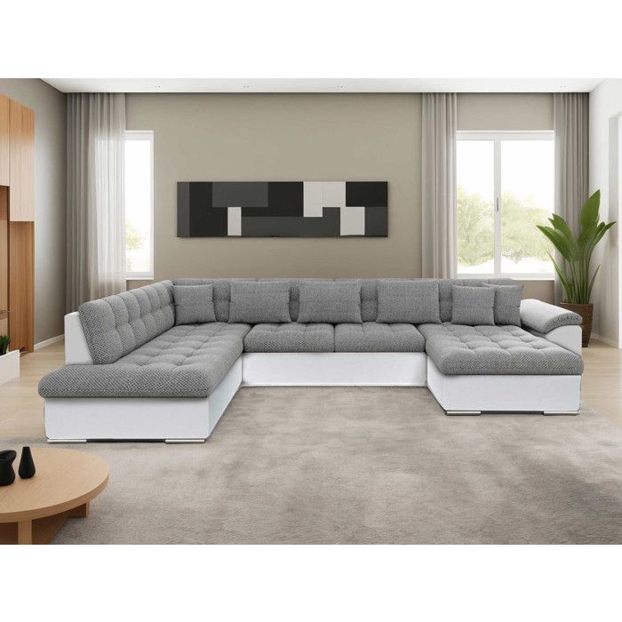 Chuck - canapé panoramique dangle gauche XXL - convertible avec coffre - 7 places - Gris / Blanc