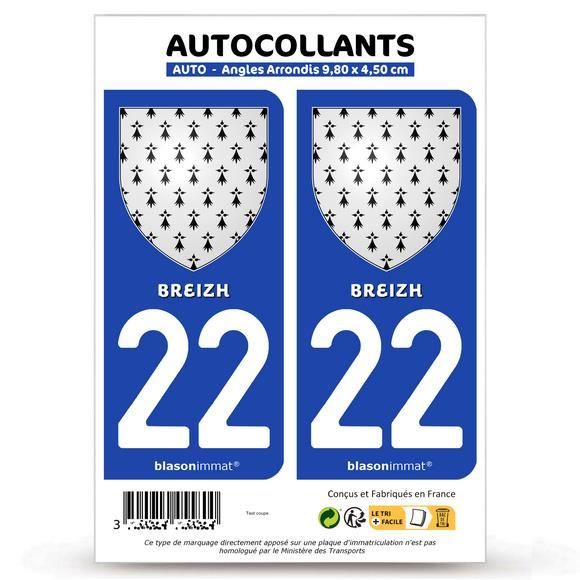 2 Stickers Décoratifs Plaque Immatriculation Département Logo 22 - Neuf - Garantie 3 Ans