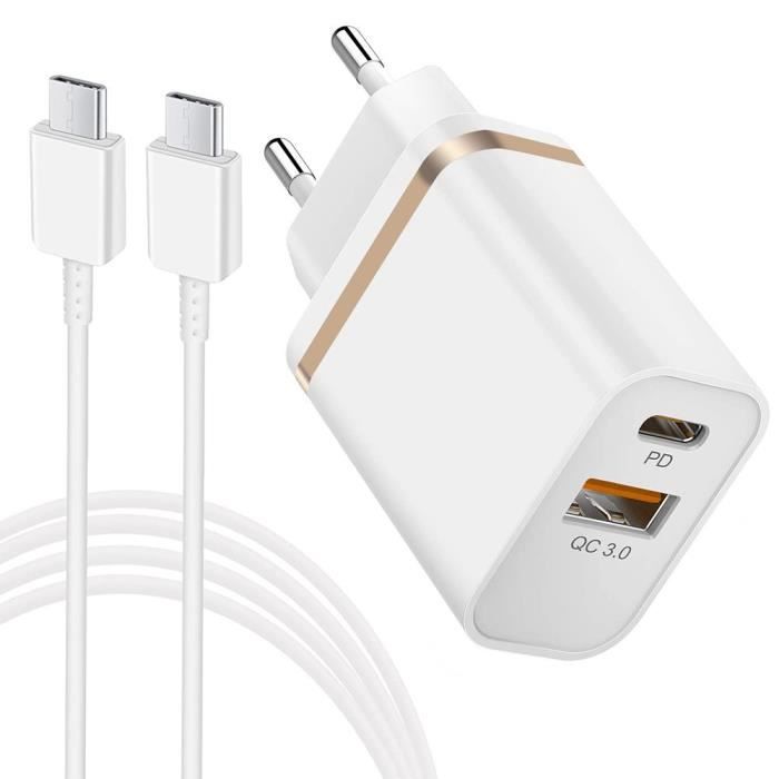 Chargeur Rapide 30W 2 Ports USB-C/USB-A + Câble 1m - Compatible IPhone 15, Redmi - VOOLTO