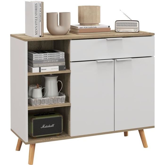 Buffet design scandinave - 2 portes étagère tiroir 3 niches - piètement bois pin panneaux blanc aspect chêne clair